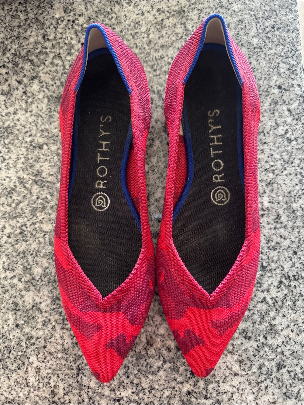 Rothy's Women's Red Knit Pointed-Toe Flats with Blue Trim